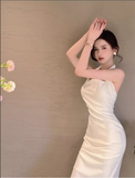 Elegant Design White A-Line Slim Midi Halter Dress HZ1024