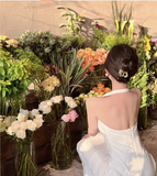 Elegant Design White A-Line Slim Midi Halter Dress HZ1024