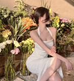 Elegant Design White A-Line Slim Midi Halter Dress HZ1024