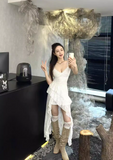Simple White Irregular Ruffled Hem Design A-line Sleeveless Spaghetti Strap Dress HZ1024