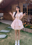 New Fashion Puffed Short Sleeve Design Pink A-line Floral Dress HZ1024