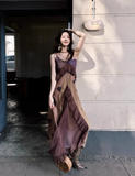 Vintage Irregular Ruffled Hem Fashion Splicing Design A-line Long Spaghetti Strap Dress HZ1024
