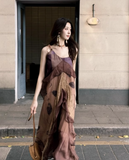Vintage Irregular Ruffled Hem Fashion Splicing Design A-line Long Spaghetti Strap Dress HZ1024