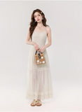 Vintage Fashion Apricot Mesh Design A-line Beach Holiday Spaghetti Strap Dress HZ1024