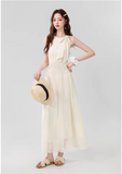 Vintage Fashion Apricot Mesh Ribbon Lace Design A-line Beach Holiday Halter Dress HZ1024
