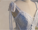 Charming Light Blue Lace-edge Design Mesh Spaghetti Strap Homecoming Dress HZ1024