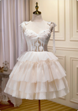 Charming Beige Lace Ribbon Design Elegant Mesh Sleeveless Strapless Homecoming Dress HZ1024
