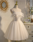 Charming White Soft Feather Design Elegant Mesh Spaghetti Strap Homecoming Dress HZ1024