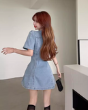 New Fashion Blue Design A-line V-neck Short Sleeves Denim Dress HZ1024