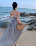 New Fashion Black & White Striped Design A-line Beach Holiday Strapless Dress HZ1024