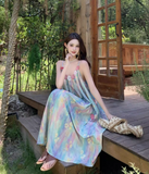 Vintage Floral Spaghetti Strap Design Elegant Beach Holiday A-Line Sleeveless Summer Dress HZ1024