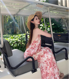 Vintage Pink Floral V-neck Design Elegant Beach Holiday Mermaid Sleeveless Halter Dress Summer Dress Party Dress HZ1024