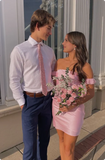 Vintage Pink Off-the-shoulder Homecoming Dress Satin Sheath Party Dress Short Cocktail Dress HZ1024