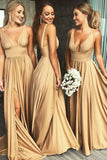 Elegant V-neck A-Line Satin High Slit Party Dress Evening Gown Bridesmaid Dress HZ1024