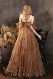 Elegant Champagne Sweetheart Shiny Sequin Ruffle Design A-Line Chiffon Tulle Evening Dress Prom Dress HZ1024