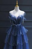 Vintage Blue Beaded Design Elegant A-Line Chiffon Tulle Evening Dress Prom Dress HZ1024