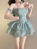 Retro Light Blue Floral Spaghetti Strap Design A-line Mini 16th Birthday Party Dress Tiered Homecoming Dress HZ1024