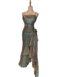 Vintage Elegant Spaghetti Strap Mermaid Ruffles Prom Dress Evening Dress HZ1024