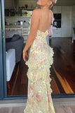 Vintage Floral Spaghetti Strap Ruffles Mermaid Chiffon Long Prom Dress Evening Dress HZ1024
