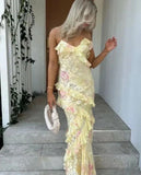 Vintage Floral Spaghetti Strap Ruffles Mermaid Chiffon Long Prom Dress Evening Dress HZ1024