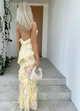 Vintage Floral Spaghetti Strap Ruffles Mermaid Chiffon Long Prom Dress Evening Dress HZ1024