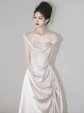 Retro Off-the-shoulder Floor Length Design Elegant Satin A-Line Wedding Dress HZ1024