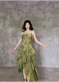 Retro Spaghetti Strap Irregular Ruffled Detachable Rose Design Elegant Satin Evening Dress Prom Dress HZ1024