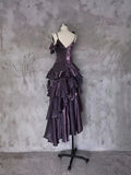 Retro Spaghetti Strap Irregular Ruffled Detachable Rose Design Elegant Satin Evening Dress Prom Dress HZ1024