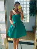 Fashion Green Pockets Design Prom Dress Short Strapless Homecoming Dress HZ1024