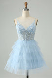 Vintage Light Blue Beaded Design Spaghetti Strap Short Homecoming Dresses HZ1024