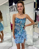 Fashion Blue Sequined Design Elegant Feather Bodycon Spaghetti Strap Homecoming Dress HZ1024