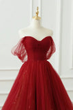 Wine Red Tulle Sweetheart Off Shoulder Prom Dress, Wine Red Tulle Evening Dress HZ1024