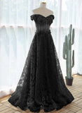 A-line Black Off Shoulder Long Lace Party Dress, Off Shoulder Prom Dress HZ1024