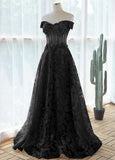 A-line Black Off Shoulder Long Lace Party Dress, Off Shoulder Prom Dress HZ1024