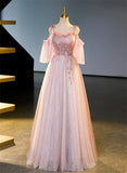 Pink Tulle Off Shoulder Beaded A-line Prom Dress, Pink Tulle Long Party Dress HZ1024