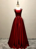 Wine Red Straps Satin Long Party Dress, Wine Red A-line Long Prom Dress HZ1024
