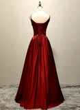 Wine Red Straps Satin Long Party Dress, Wine Red A-line Long Prom Dress HZ1024