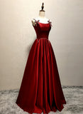 Wine Red Straps Satin Long Party Dress, Wine Red A-line Long Prom Dress HZ1024