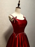 Wine Red Straps Satin Long Party Dress, Wine Red A-line Long Prom Dress HZ1024
