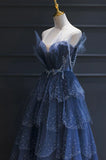 Blue Tulle Beaded Long Senior Prom Dress, A-Line Layers Beaded Long Evening Party Dress HZ1024