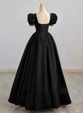 Simple Pretty Black Satin Short Sleeves Beaded Party Dress, Black Long Evening Dress HZ1024