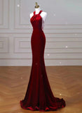 Wine Red Velvet Mermaid Halter Long Evening Dress, Wine Red Velvet Party Dress HZ1024