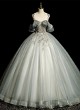 Green Ball Gown Round Neckline with Lace Sweet 16 Dress, Green Tulle Formal Dress HZ1024