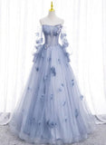 Light Blue Tulle Puffy Sleeves with Flowers Sweet 16 Dress, Light Blue Formal Dress HZ1024