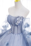 Light Blue Tulle Puffy Sleeves with Flowers Sweet 16 Dress, Light Blue Formal Dress HZ1024
