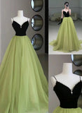 A-line Green and Black Long Beaded Party Dress, Green Long Formal Dress HZ1024