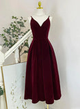 Wine Red V Neck Tea Length Party Dress, Wine Red Velvet Wedding Party Dress HZ1024
