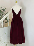 Wine Red V Neck Tea Length Party Dress, Wine Red Velvet Wedding Party Dress HZ1024