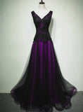 Black And Purple Tulle V-Neckline Beaded Prom Dress, Long Tulle Formal Dress Evening Dress HZ1024