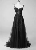 A-line Lace Straps Beaded Black Prom Dress Party Dress, Black Floor Length Formal Dress HZ1024